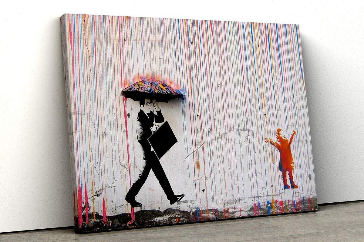 COLOURED RAIN CANVAS WALL ART PICTURE PRINT - STREET ART BANKSY STYLE 36 x 24