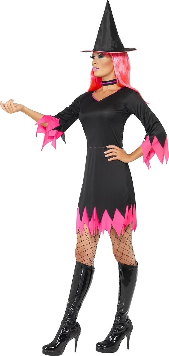 Witch Costume Black & Pink With Dress Hat & Choker Smiffys Small Size