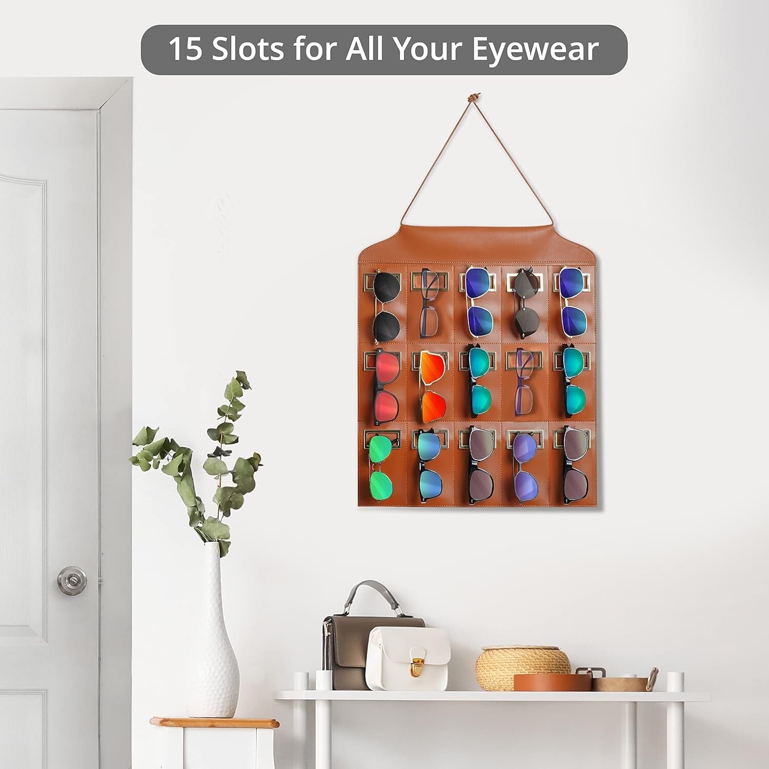 FNG8 Brown Hanging Sunglass Organiser - 15-Slot Wall - Sunglass Holder