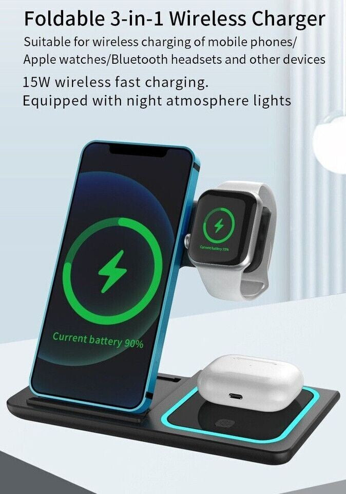 3in1 Wireless Charger Dock Charging Station For Apple Watch Airpods iPhone Black