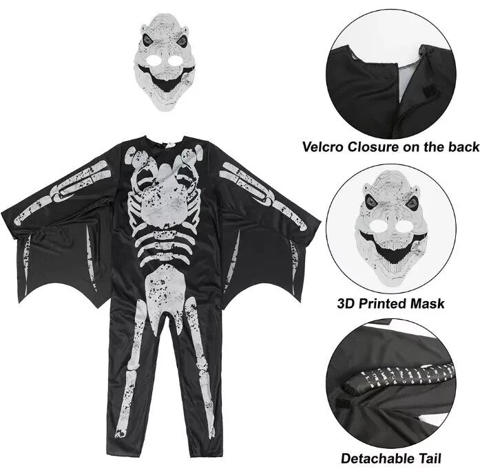 Dinosaur Skeleton Fancy Dress Halloween Costume Boys Girls Kid Age 8-10