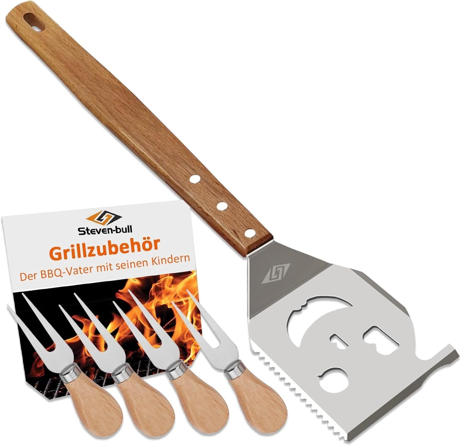 7 in 1 BBQ Spatula for Outdoor Grill, Multifunction BBQ Tool with 4 Mini Forks