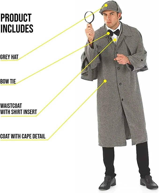 VICTORIAN DETECTIVE COSTUME CAPE HAT WORLD BOOK DAY FANCY DRESS CHARACTER - L