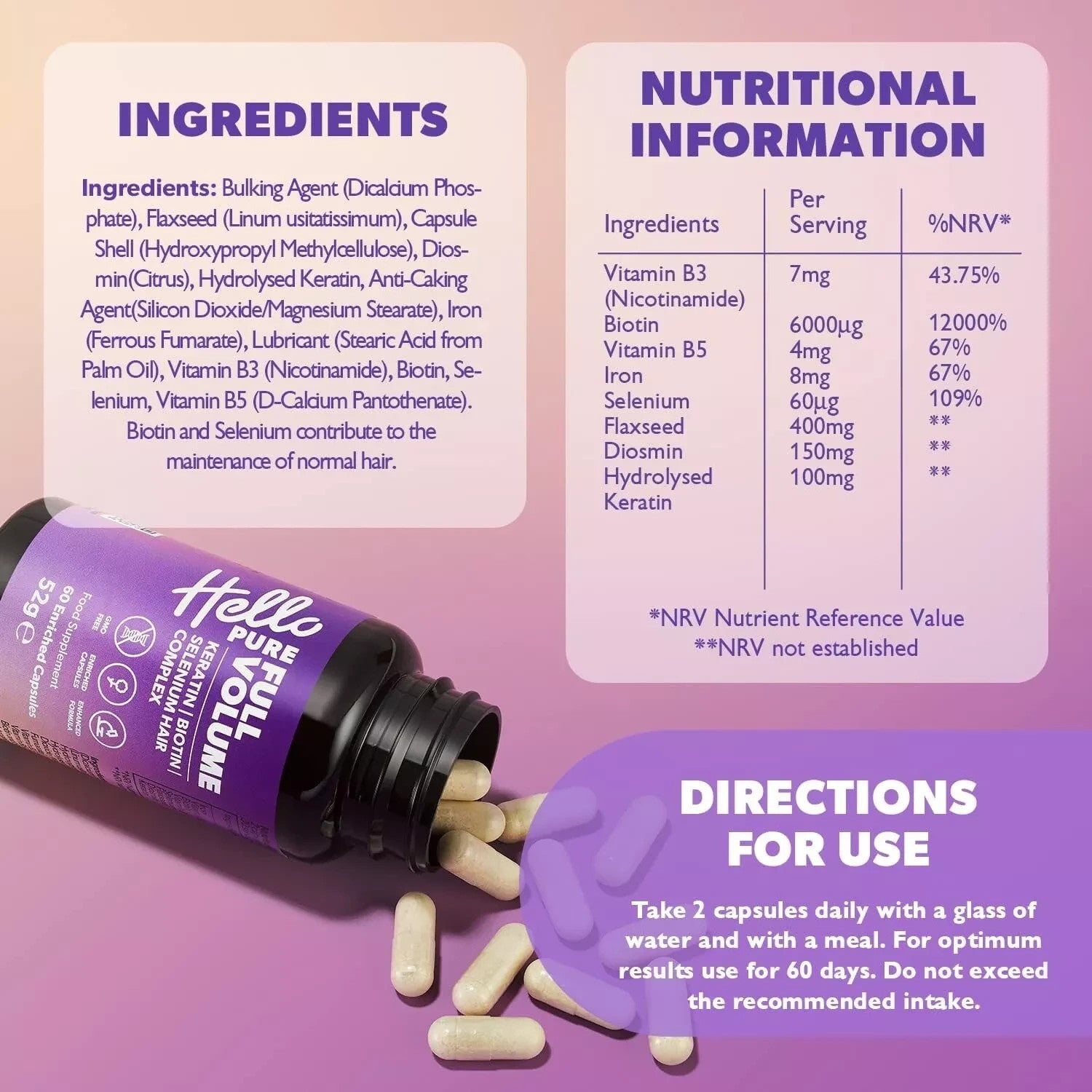 Hello Pure Full Volume Hair Growth Vitamins 60 Biotin B7 Supplement Capsules