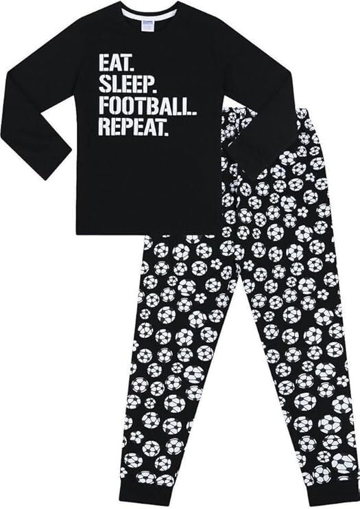 Boys Eat Sleep Football Repeat White Long Pyjamas Gamer Cotton Size 9-10 Year