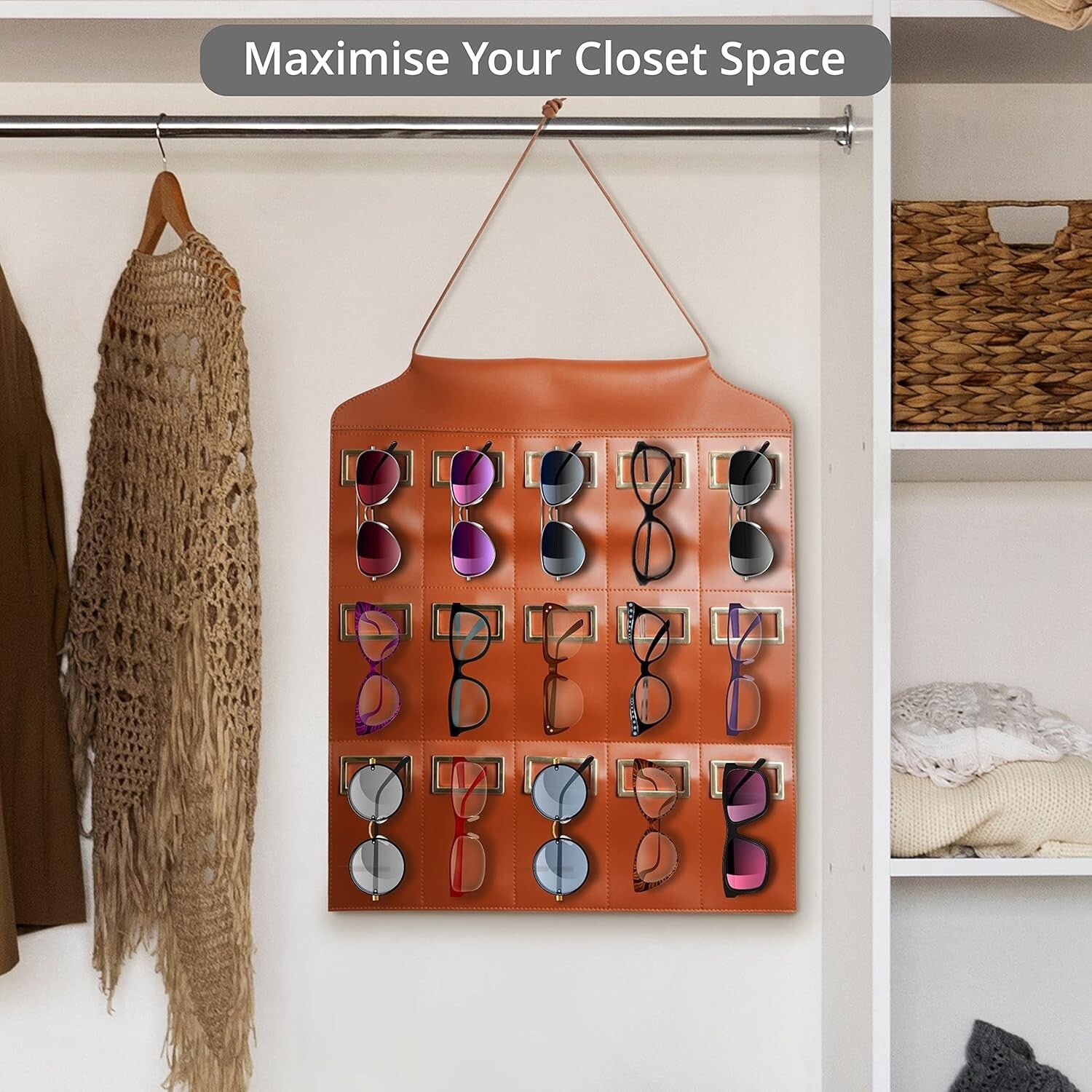 FNG8 Brown Hanging Sunglass Organiser - 15-Slot Wall - Sunglass Holder