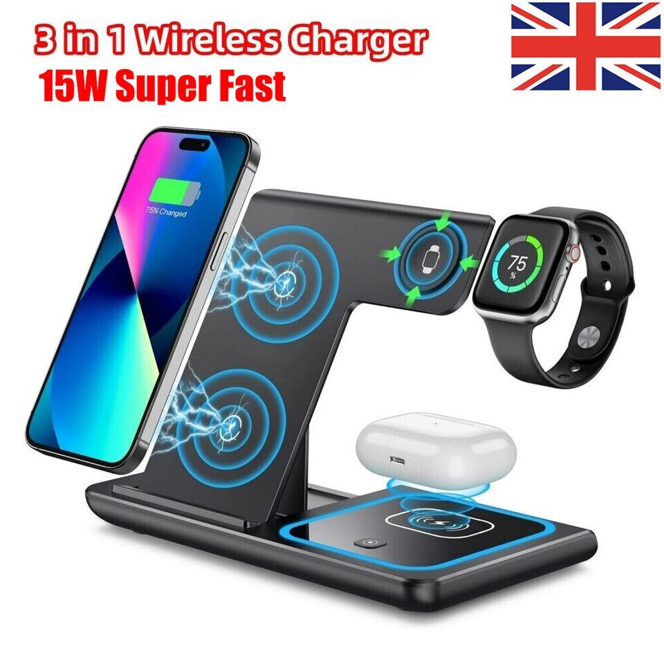 3in1 Wireless Charger Dock Charging Station For Apple Watch Airpods iPhone Black