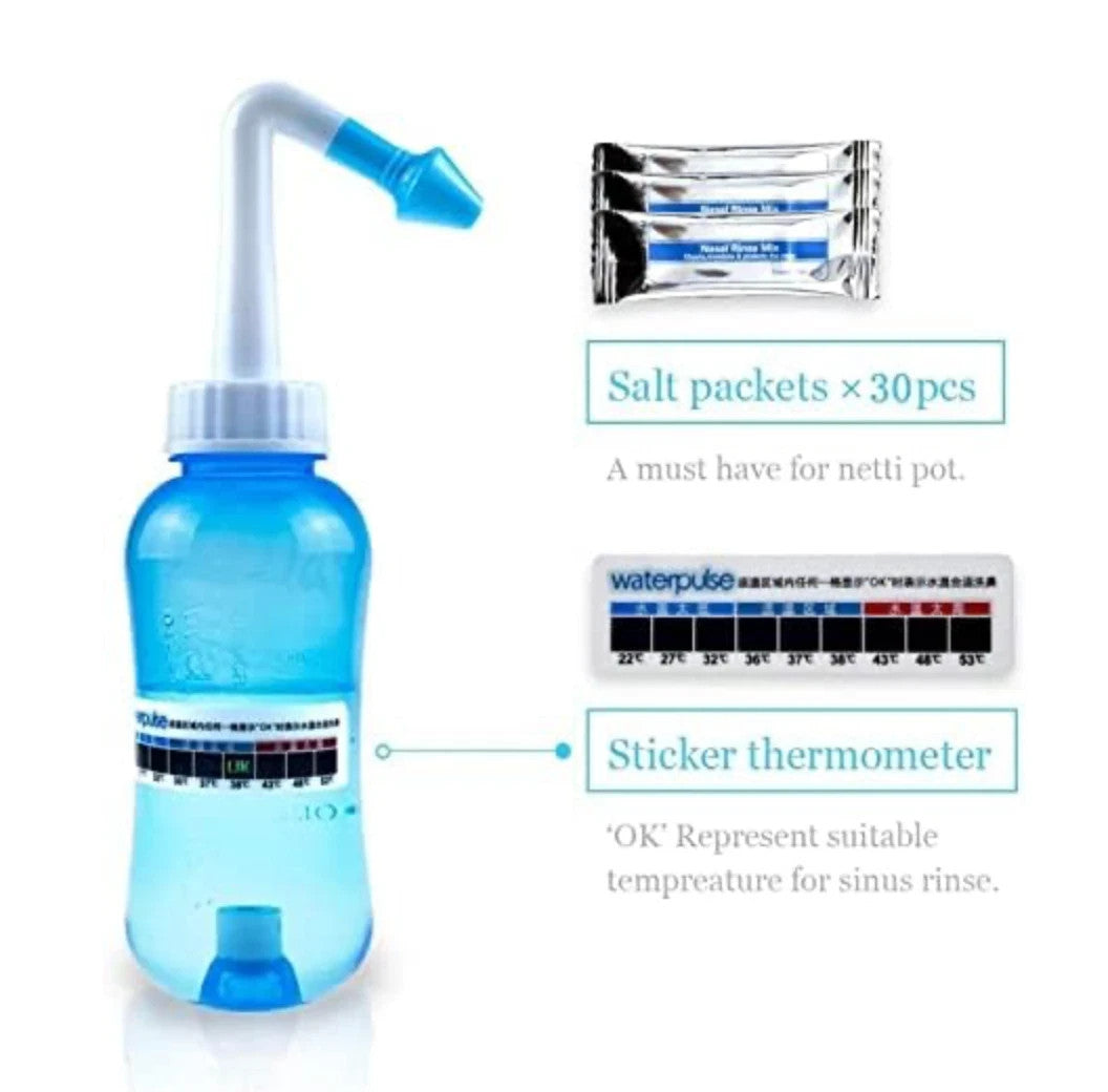 300ml Sinus Rinse Kit WATERPULSE Neti Pot Sinus Nasal Relief Wash 30 Salt Sachet