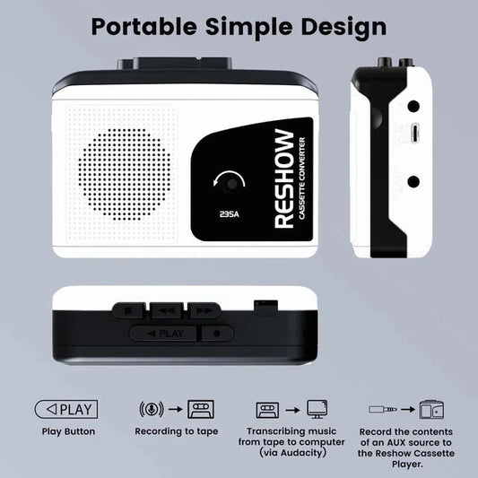 Cassette Player Recorder Walkman MP3 Converter Mic Speaker Earphone Jack USB-C
