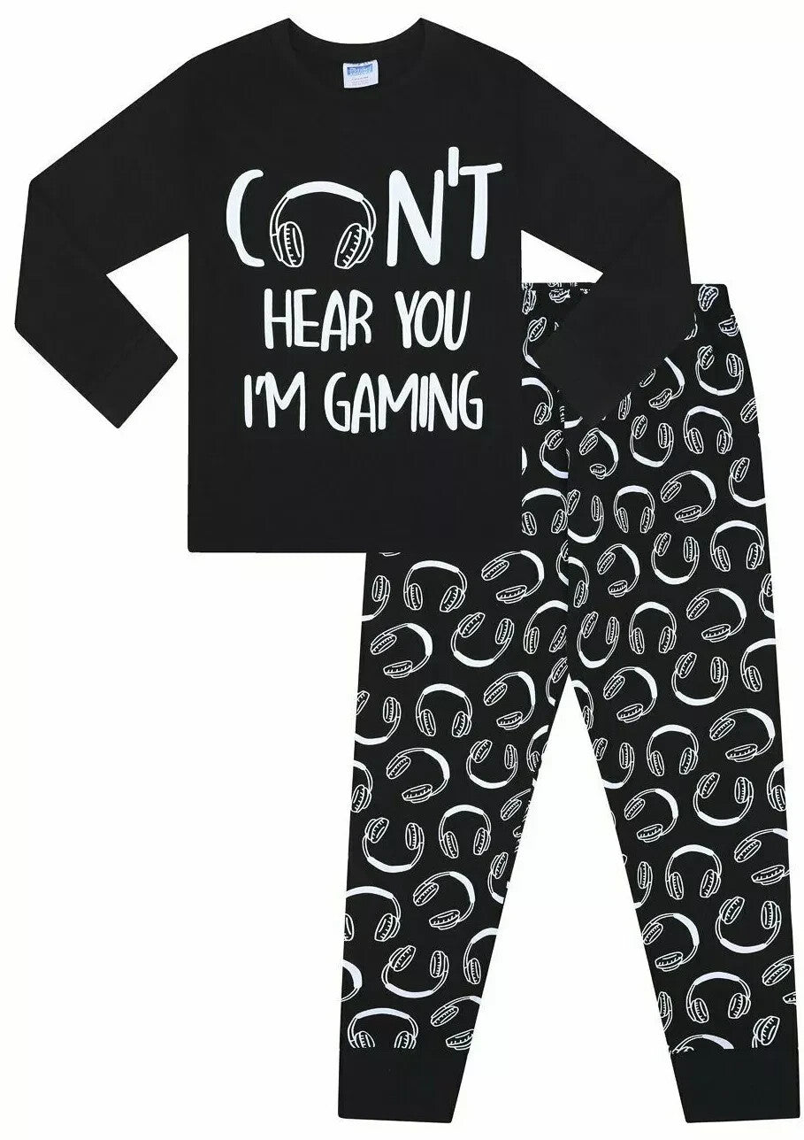 Can't Hear You I'm Gaming Cotton Long Boys Pyjamas  Black and White - Age 12-13