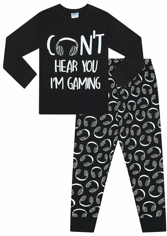 Can't Hear You I'm Gaming Cotton Long Boys Pyjamas  Black and White - Age 12-13