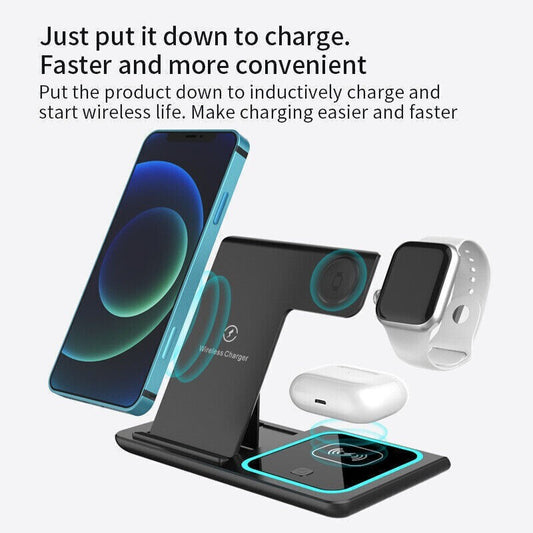 3in1 Wireless Charger Dock Charging Station For Apple Watch Airpods iPhone Black