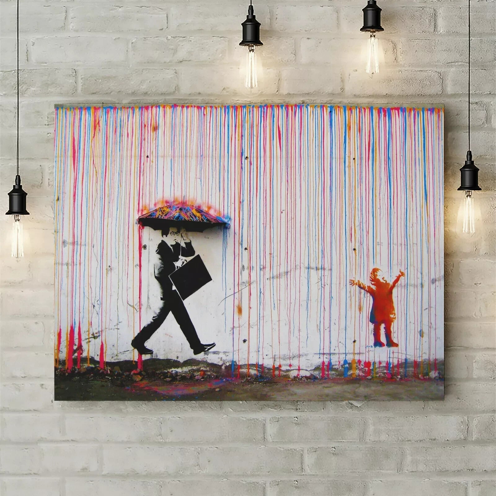COLOURED RAIN CANVAS WALL ART PICTURE PRINT - STREET ART BANKSY STYLE 36 x 24