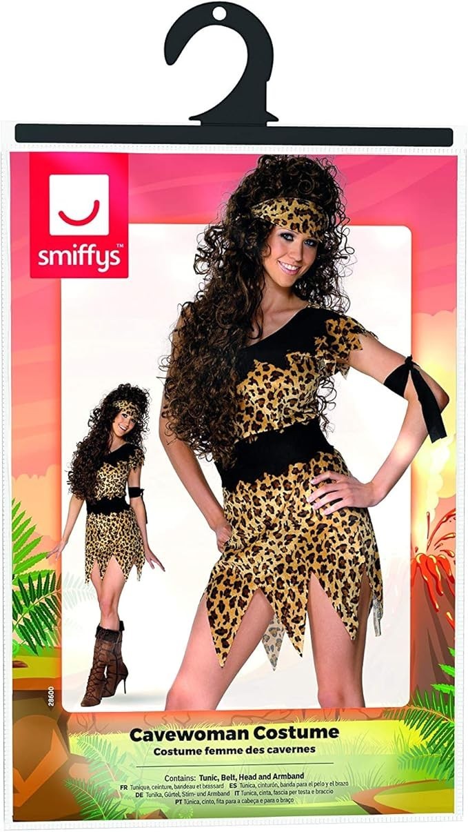 CAVE WOMAN COSTUME LADIES PRE HISTORIC CAVEMAN FANCY DRESS LEOPARD PRINT OUTFIT
