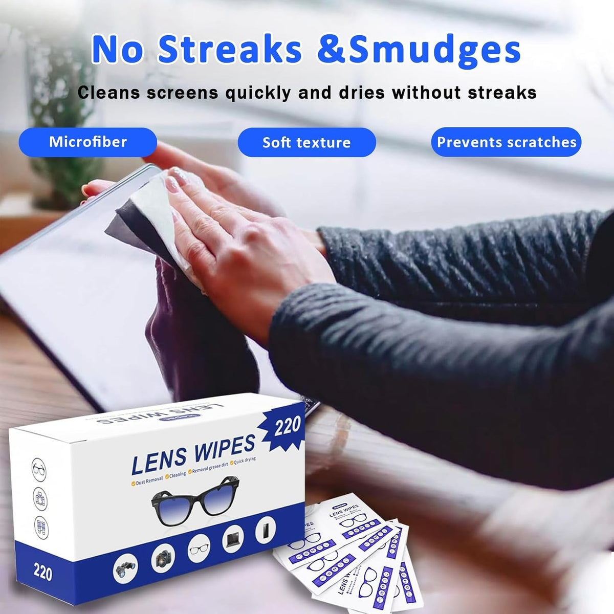 220 Count Lens Cleaning Wipes for Eyeglasses, Pre-Moistened Individually Wrapped