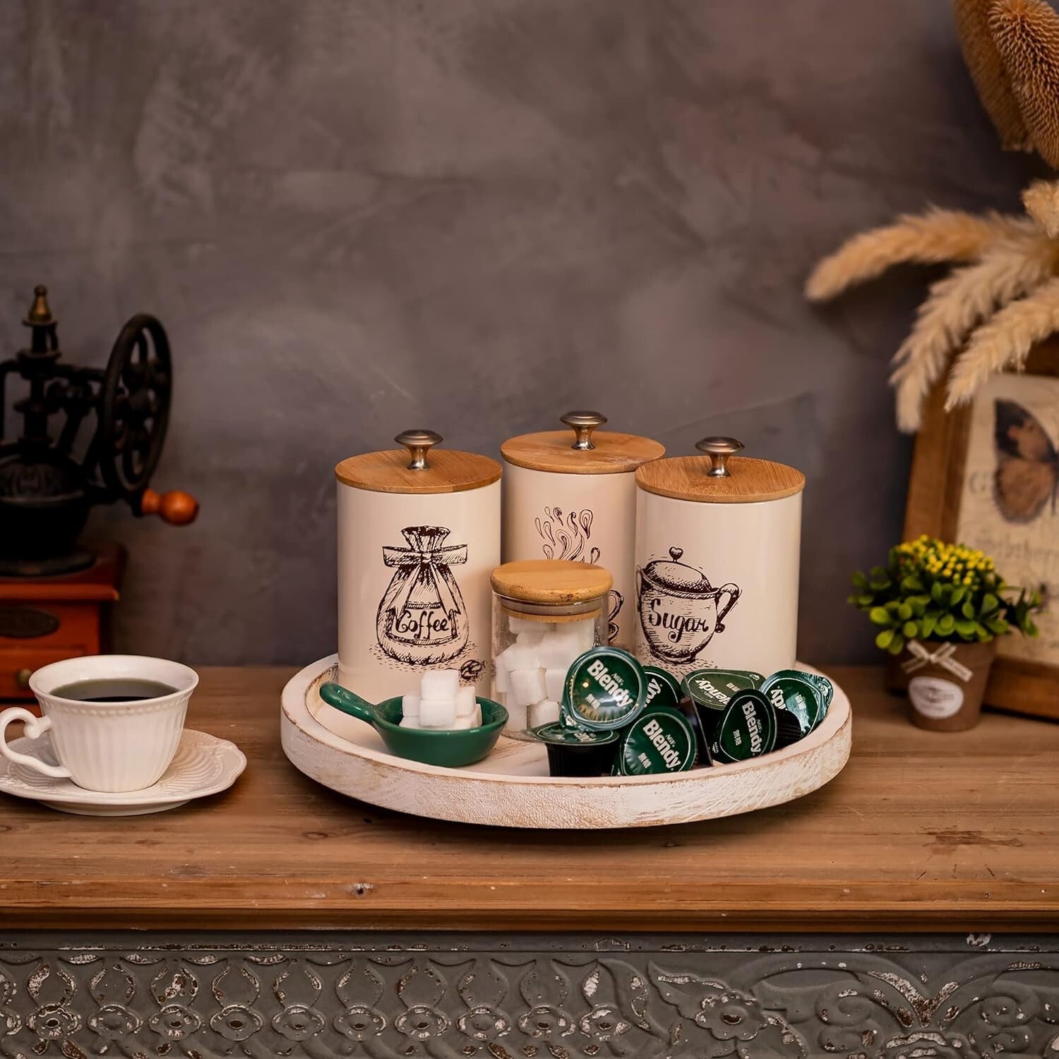 Hanobe Lazy Susan Organizer Wooden Turntable White No Beaded 32cm, Brown