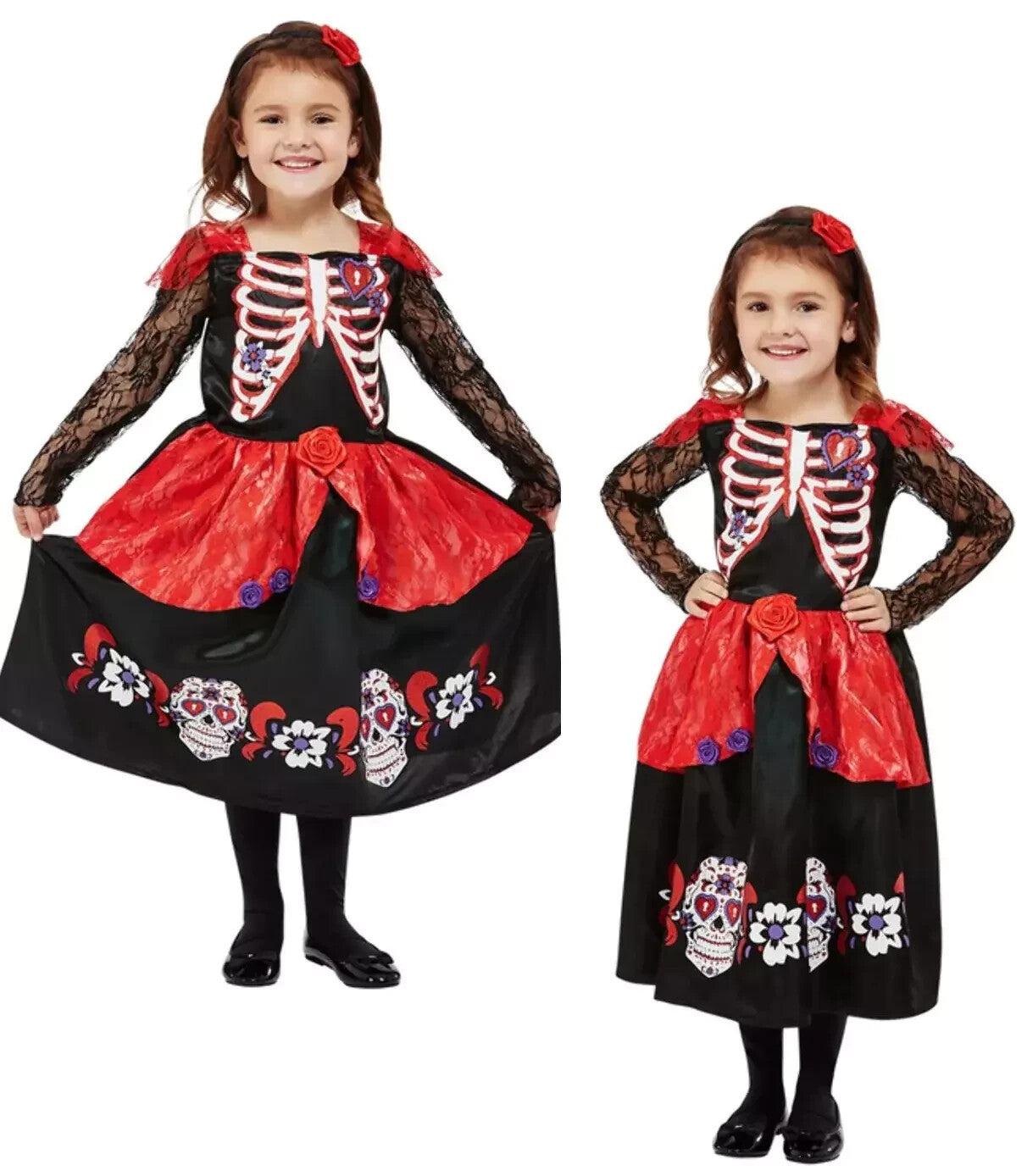 Toddlers Day Of The Dead Girls Costume Skeleton Fancy Dress Outfit Kids Age 1-2