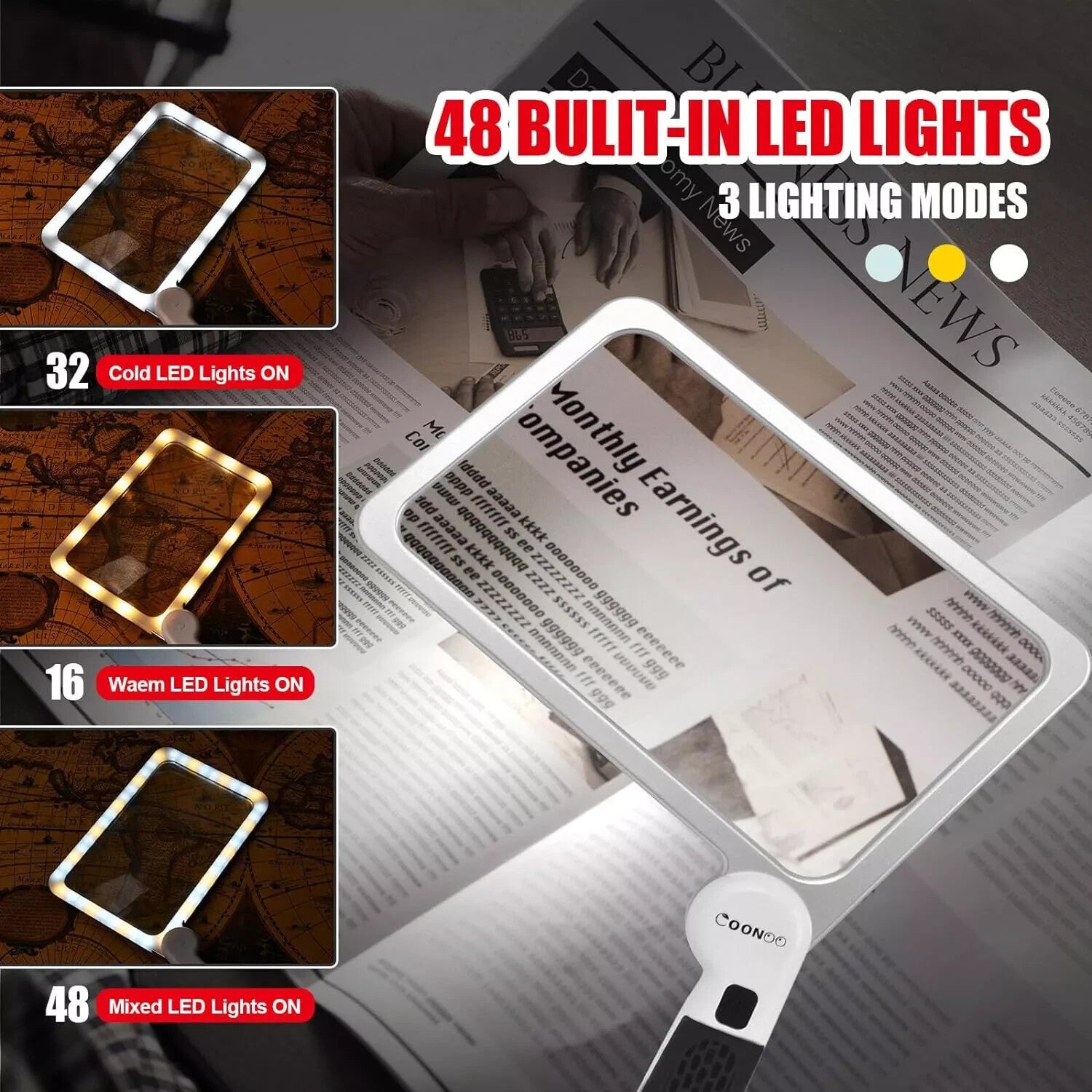 COONOO Magnifying Glass with Light for Close Work Reading 5X Folding