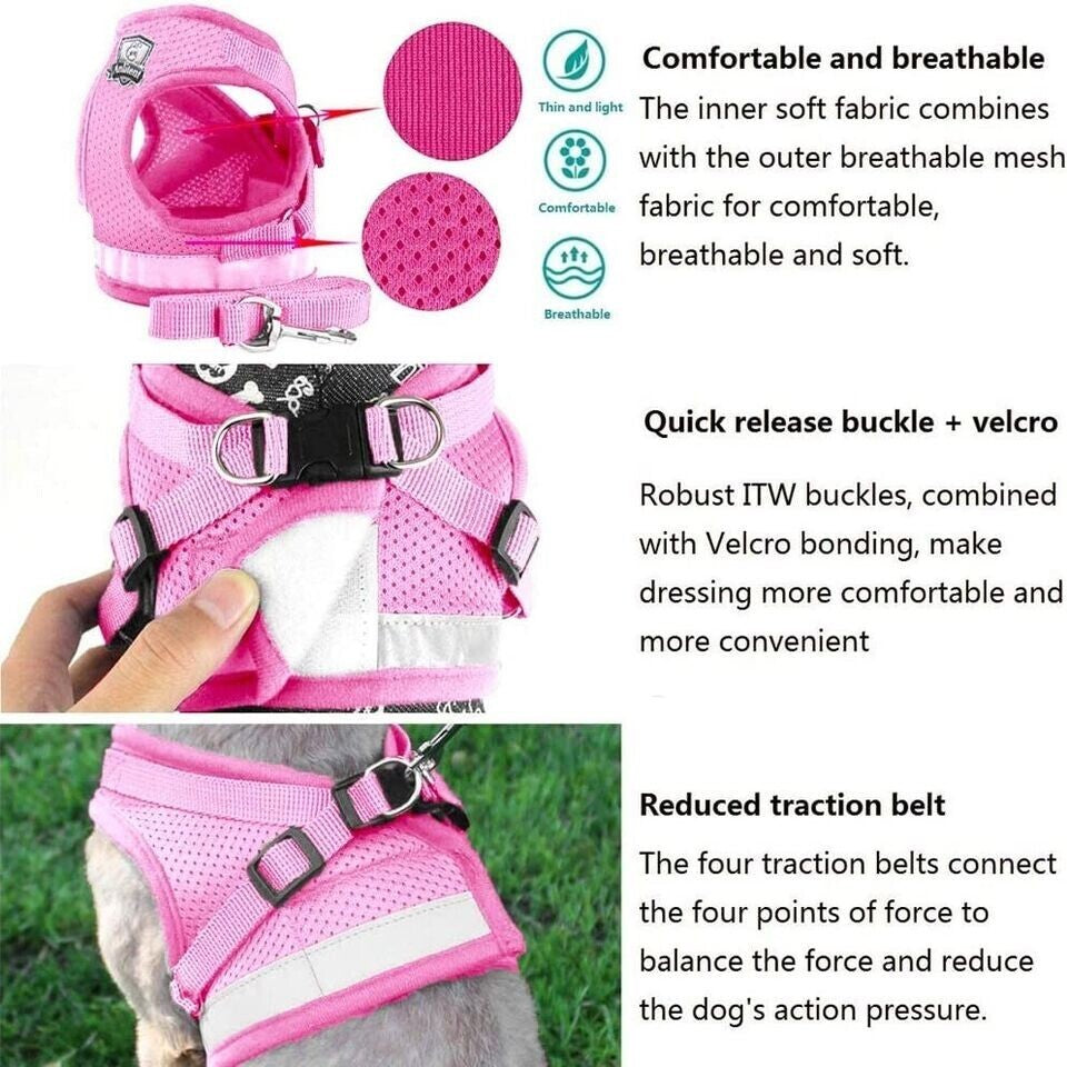 Breathable Small Pet Dog Puppy Cat Harness Reflective Soft Mesh Vest Lead Cute