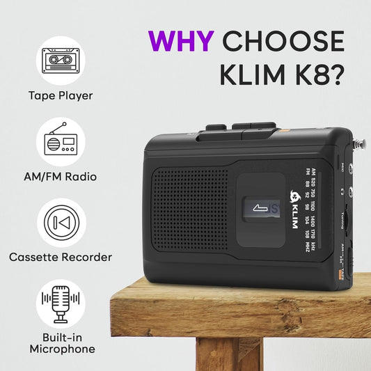Klim K8 Portable Cassette Player and AM/FM Radio with Built-In Earphones