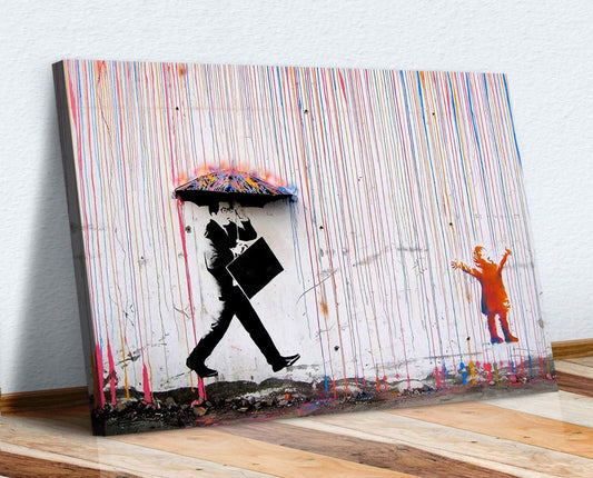 COLOURED RAIN CANVAS WALL ART PICTURE PRINT - STREET ART BANKSY STYLE 36 x 24