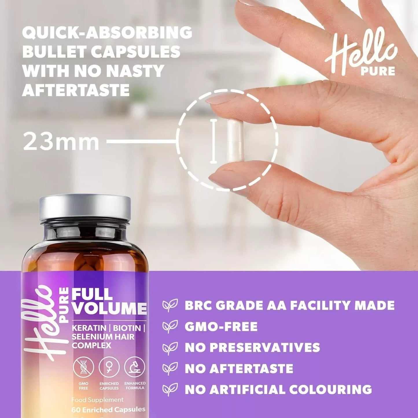 Hello Pure Full Volume Hair Growth Vitamins 60 Biotin B7 Supplement Capsules