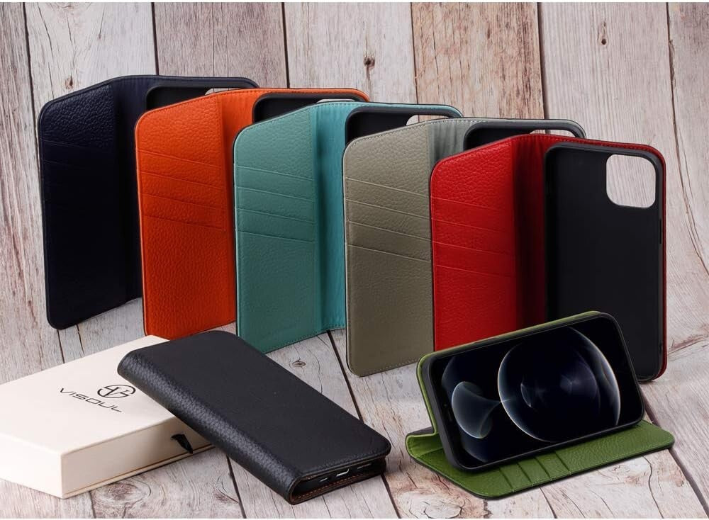 VISOUL iPhone 12 Pro Max Case,Genuine Leather Magnetic Closure Book Stand Wallet