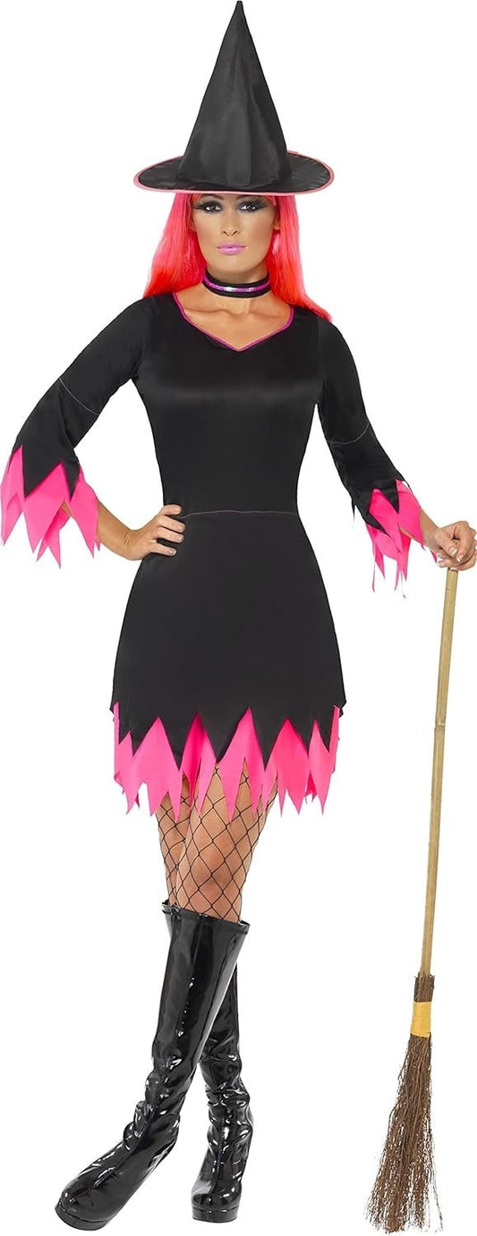 Witch Costume Black & Pink With Dress Hat & Choker Smiffys Small Size