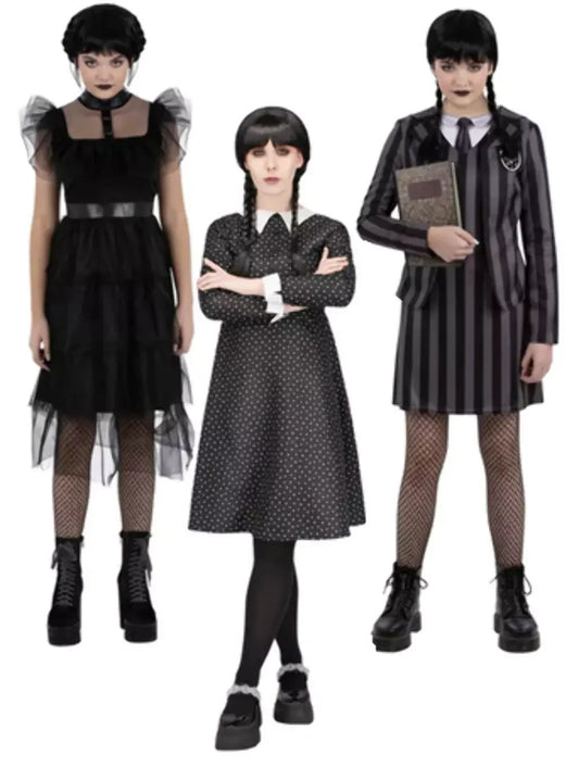 Addams Family Costume Kids Adults Halloween Fancy Dress School Girl Film