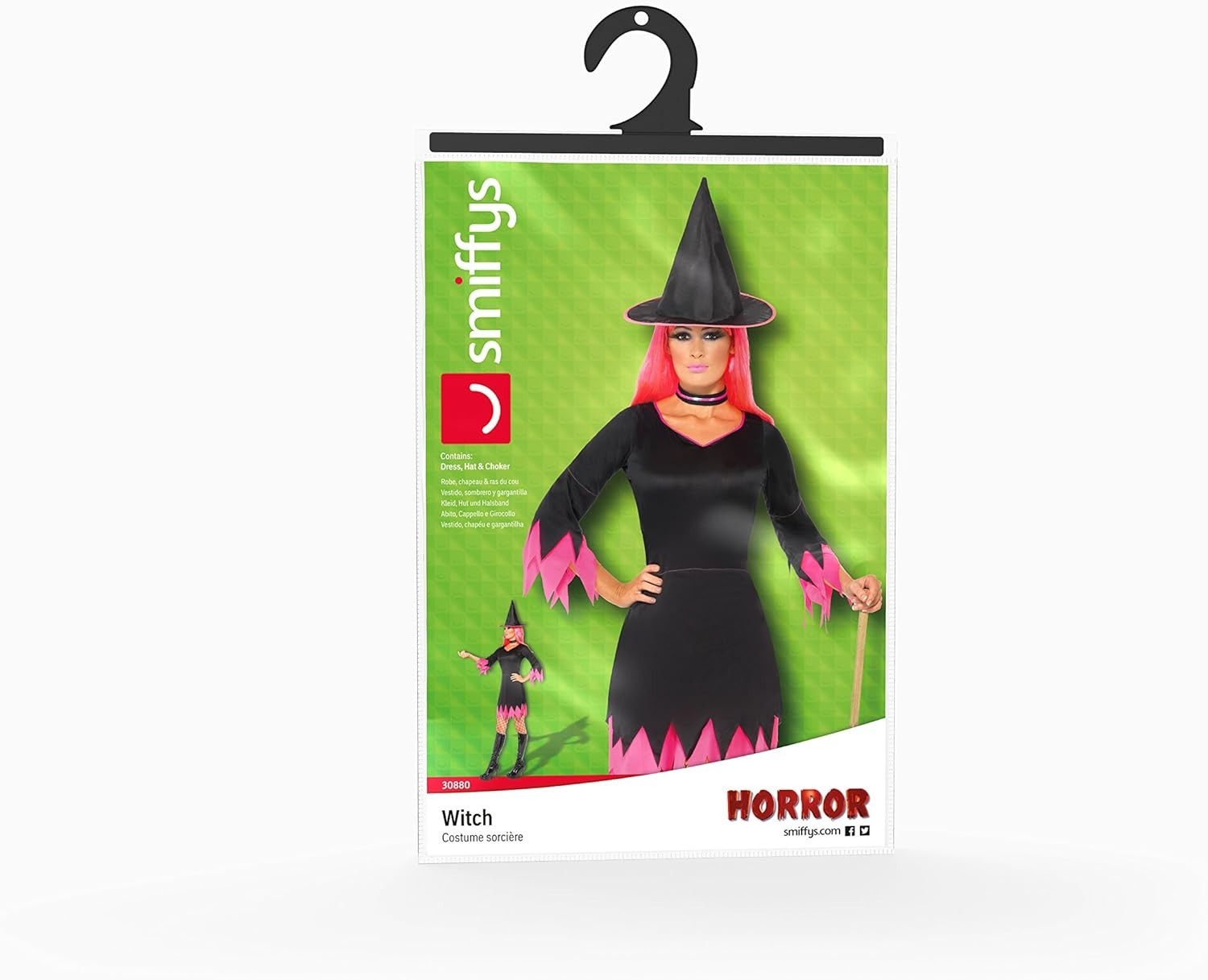 Witch Costume Black & Pink With Dress Hat & Choker Smiffys Small Size