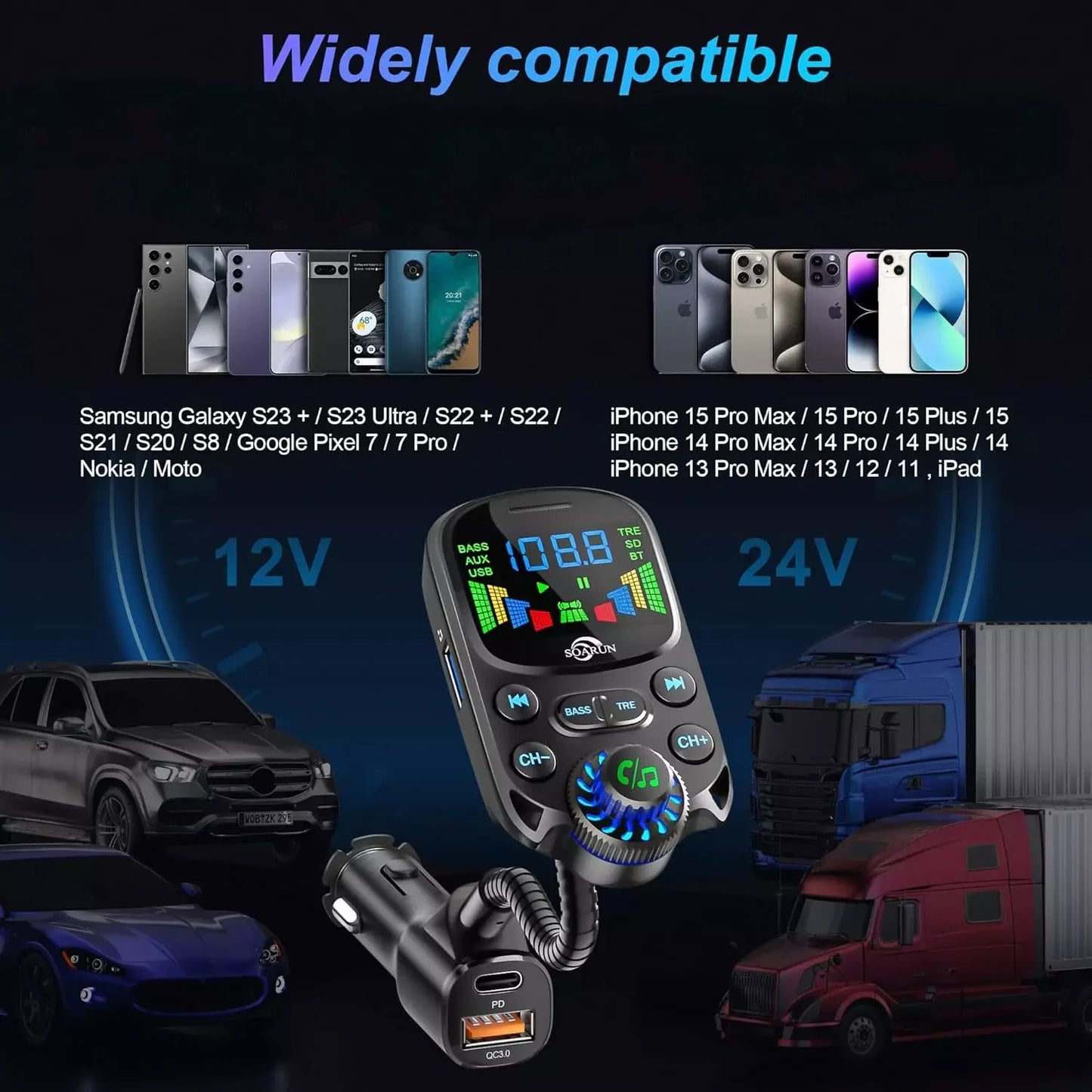 SOARUN Bluetooth 5.3 FM Transmitter, 48W AUX Car Adapter Charger with Hifi Sound