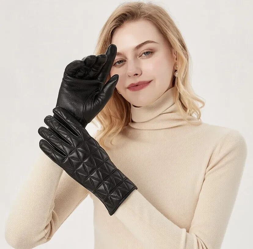 kebesu Ladies Warm Winter Genuine Leather Cashmere Lined Touch screen Gloves M