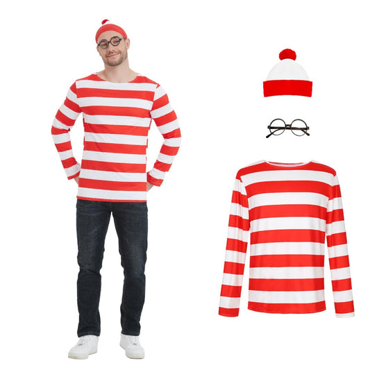 Kids Where's Wally Red & White Strips  Fancy Dress Book Day Fancy Costume