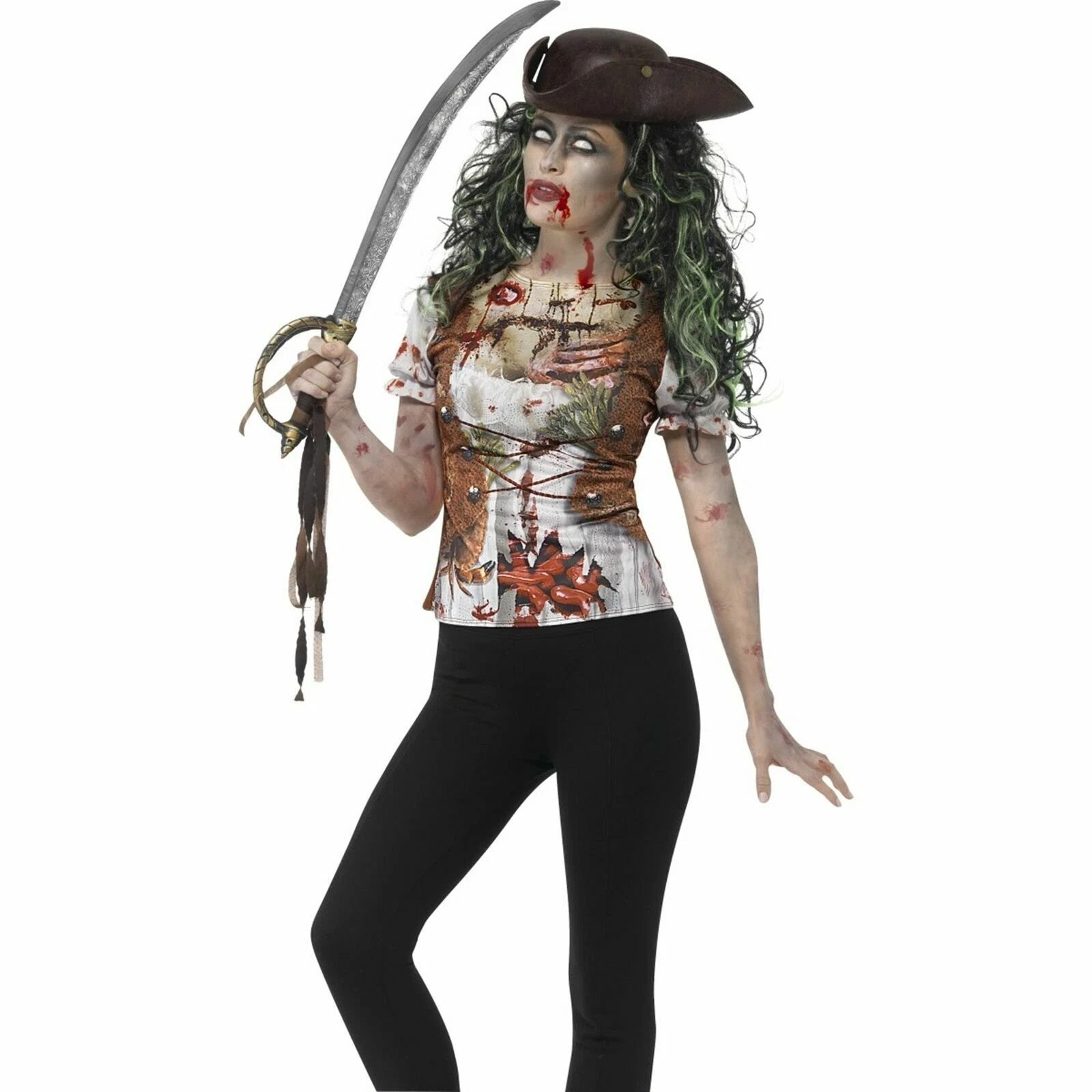 Smiffys Zombie Pirate Wench T-Shirt Women's Halloween Fancy Dress