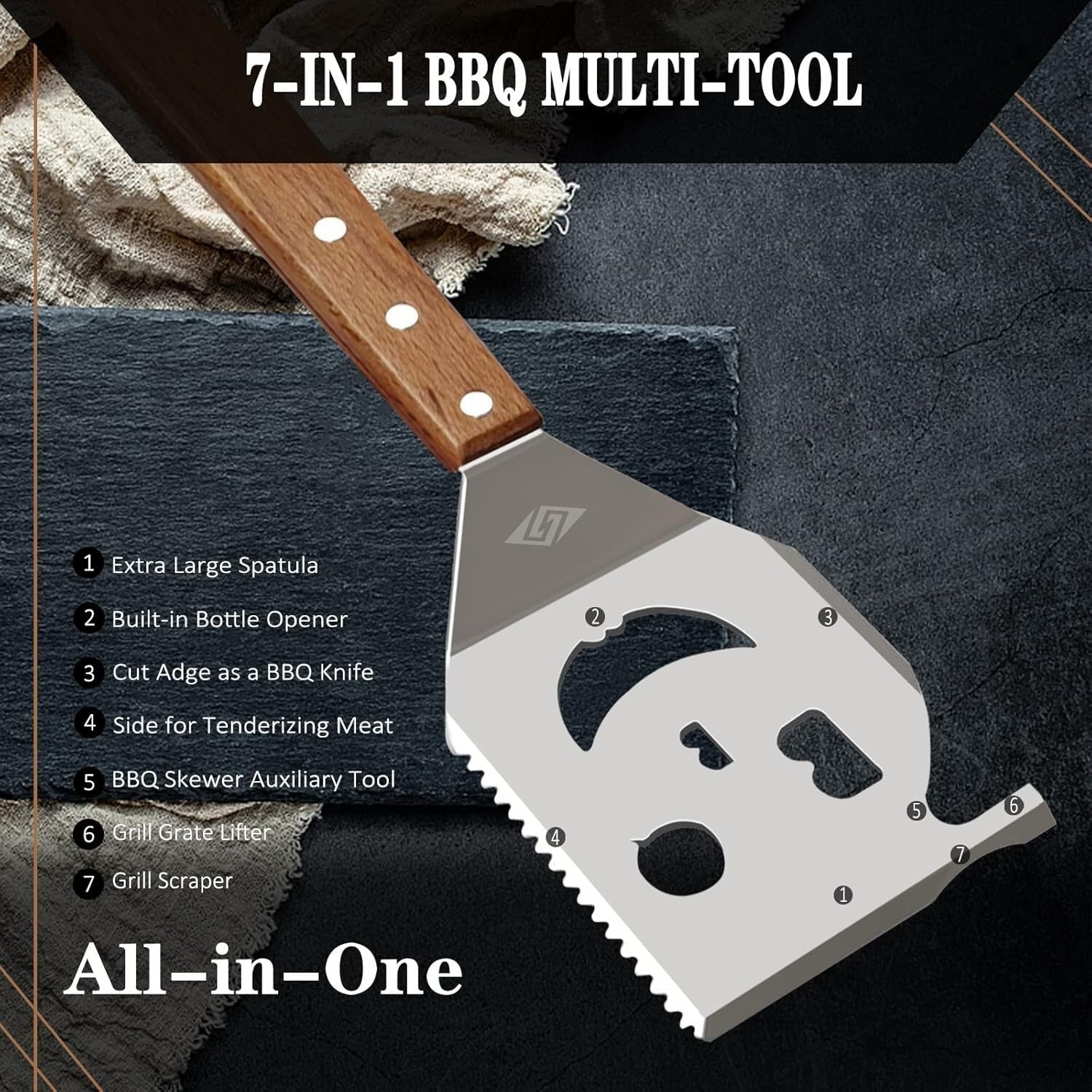 7 in 1 BBQ Spatula for Outdoor Grill, Multifunction BBQ Tool with 4 Mini Forks