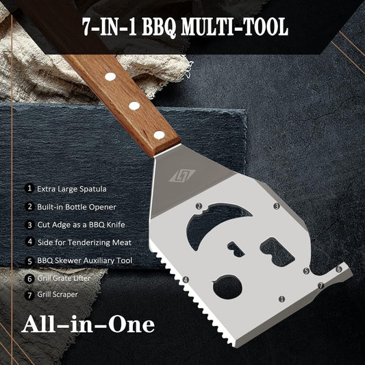 7 in 1 BBQ Spatula for Outdoor Grill, Multifunction BBQ Tool with 4 Mini Forks
