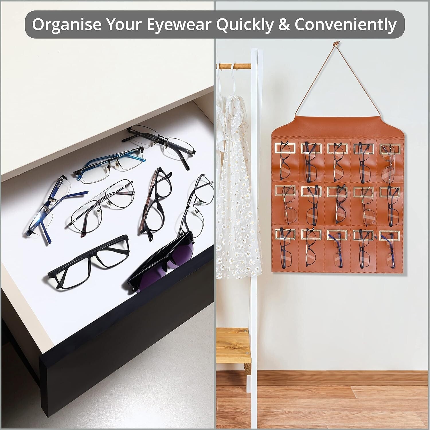 FNG8 Brown Hanging Sunglass Organiser - 15-Slot Wall - Sunglass Holder