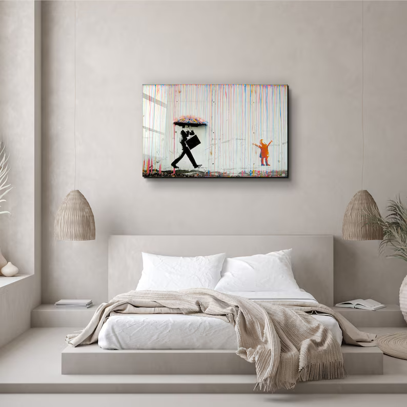 COLOURED RAIN CANVAS WALL ART PICTURE PRINT - STREET ART BANKSY STYLE 36 x 24
