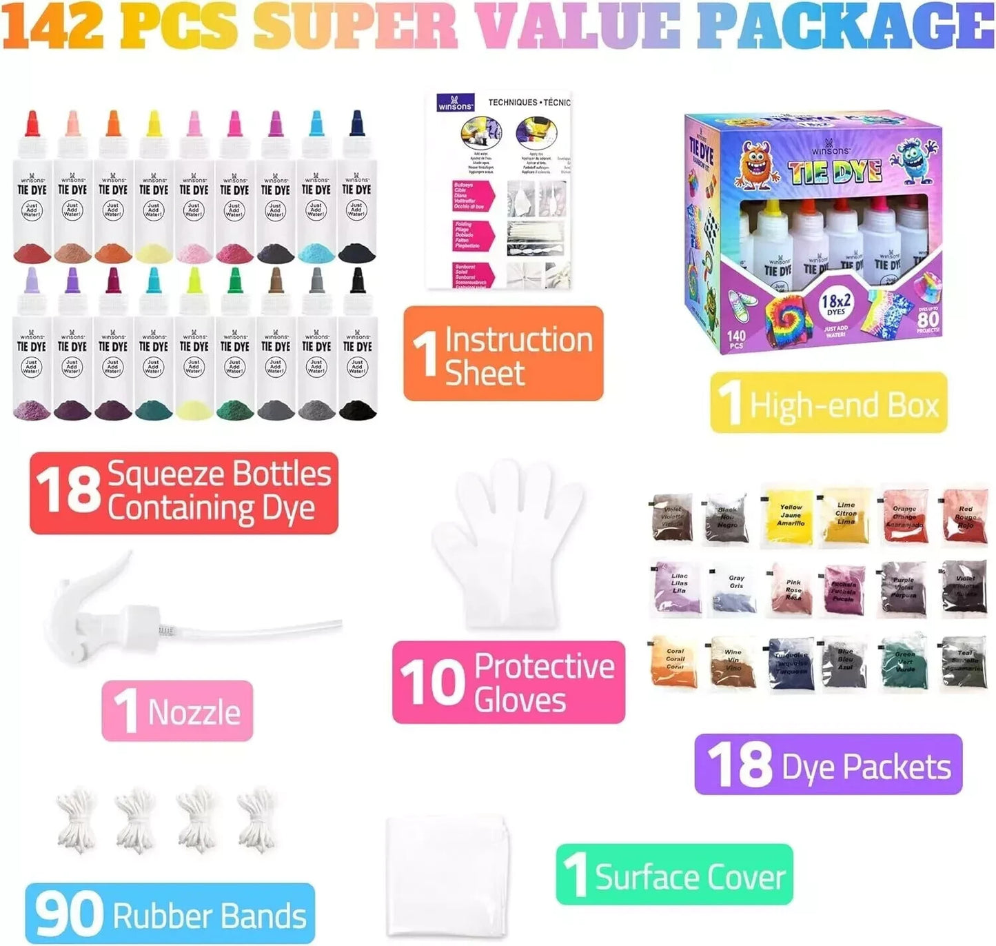 WINSONS 18x2 - Color Tie Dye Party Kit – Fun DIY Fabric Dye Set for Creative Art