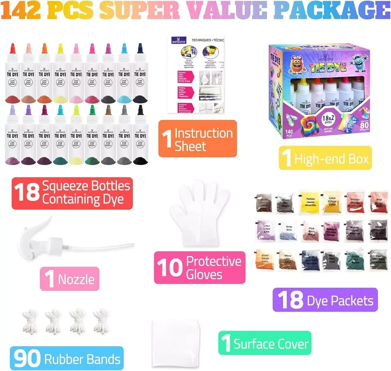 WINSONS 18x2 - Color Tie Dye Party Kit – Fun DIY Fabric Dye Set for Creative Art