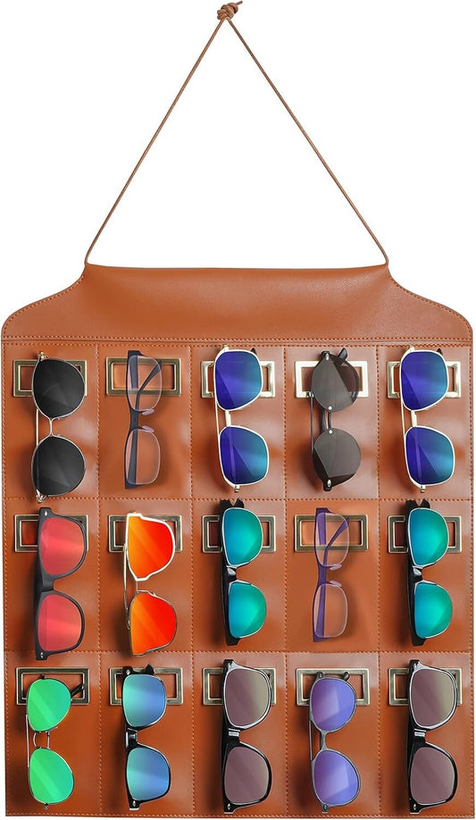 FNG8 Brown Hanging Sunglass Organiser - 15-Slot Wall - Sunglass Holder