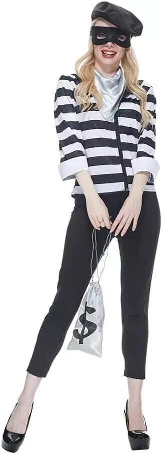 LADIES BURGLAR COSTUME ROBBER FANCY DRESS SHORT SLEEVE STRIPE EYEMASK - MEDIUM