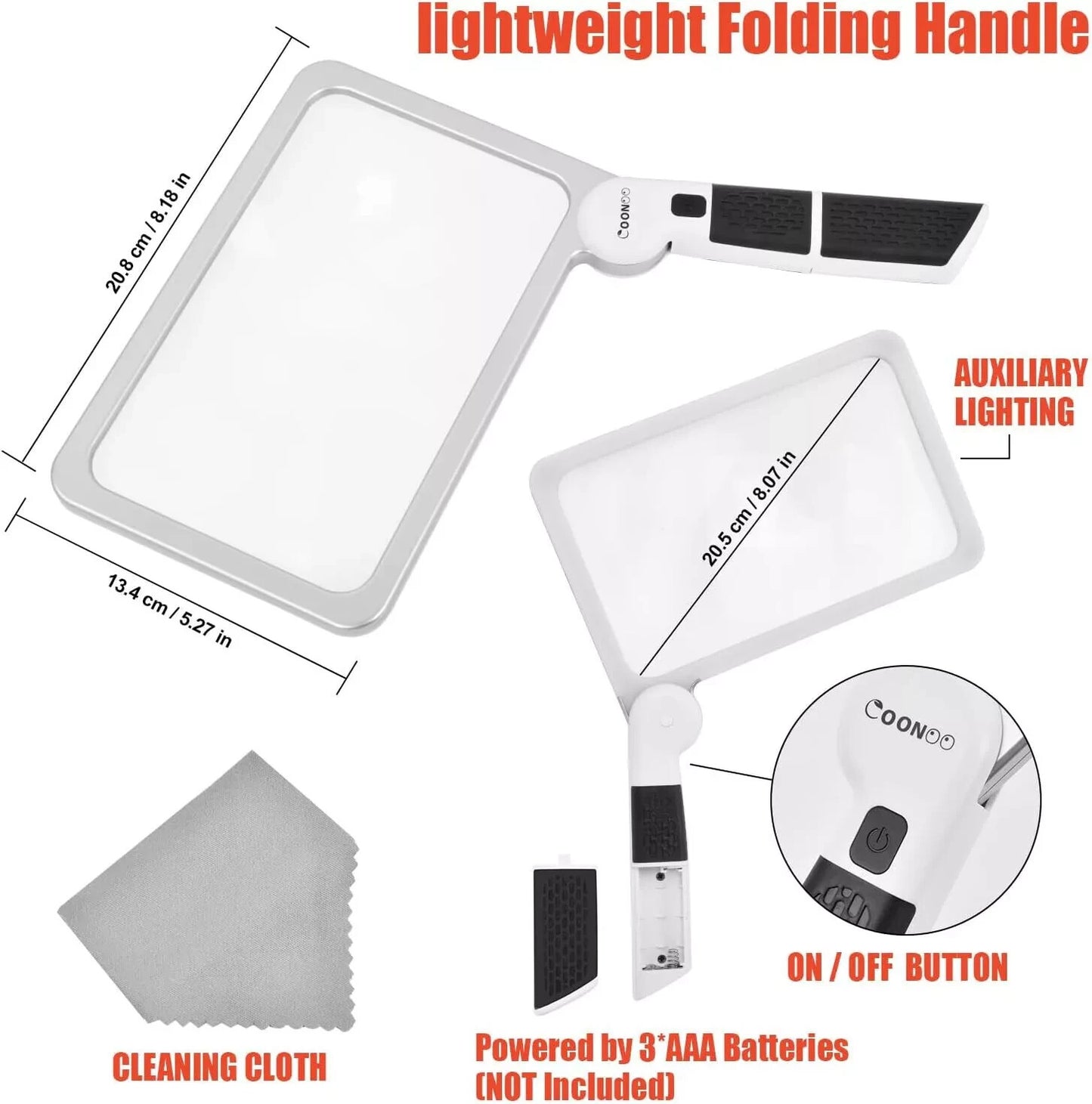 COONOO Magnifying Glass with Light for Close Work Reading 5X Folding