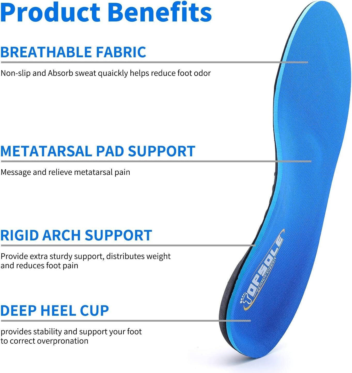 TOPSOLE Orthotic Insoles Plantar Fasciitis Insoles Arch Support Insoles - Size 7