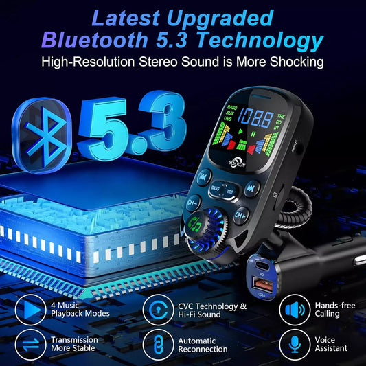 SOARUN Bluetooth 5.3 FM Transmitter, 48W AUX Car Adapter Charger with Hifi Sound