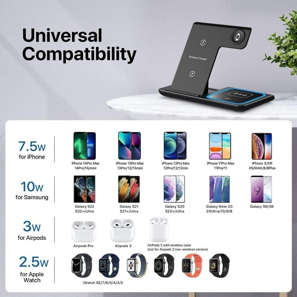 3in1 Wireless Charger Dock Charging Station For Apple Watch Airpods iPhone Black