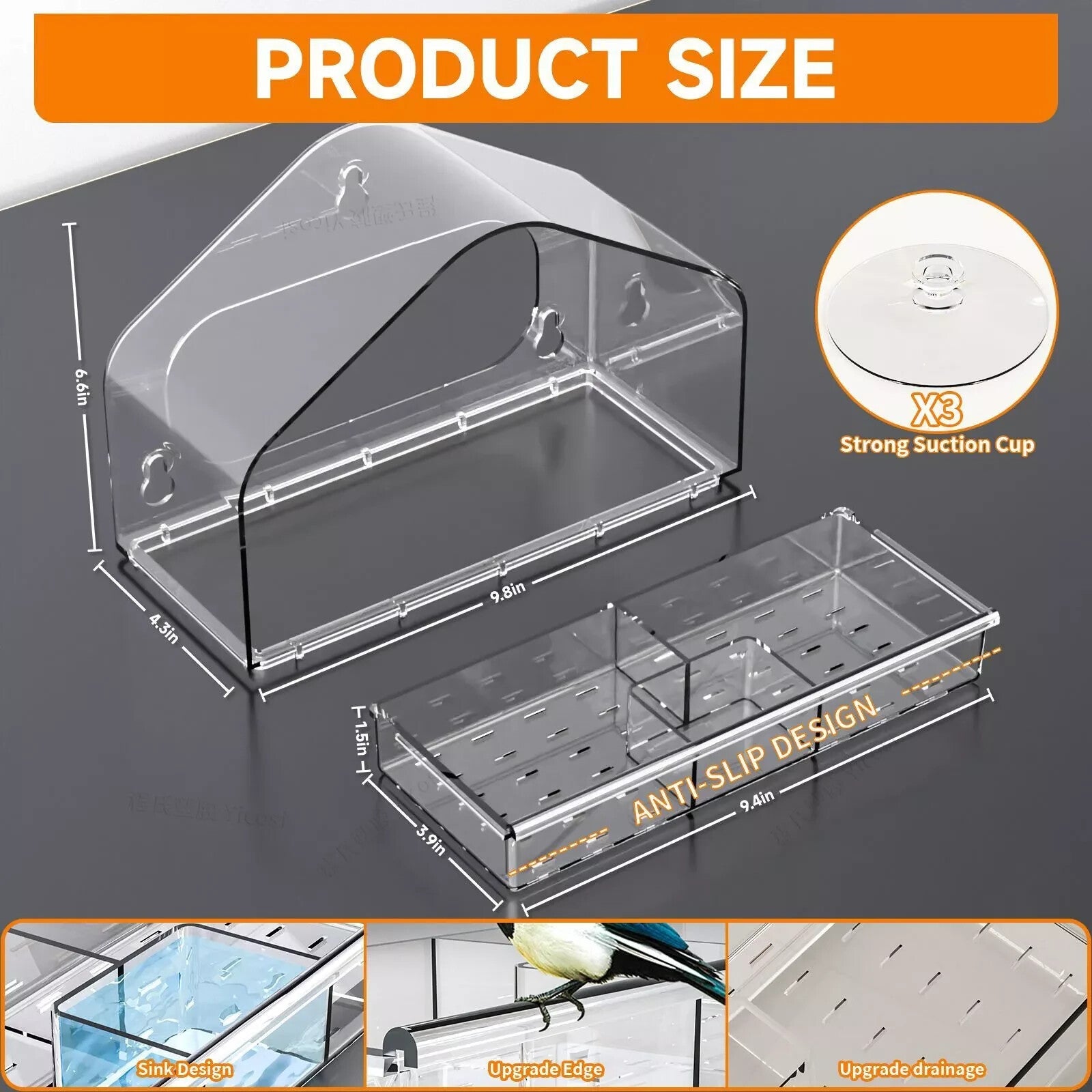 Acrylic Clear Window Bird Feeders 4 Strong Suction Cups and Detachable Seed Tray