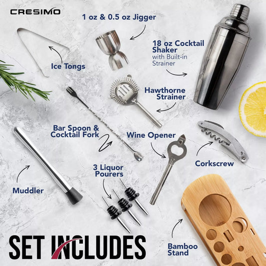 12 Pieces Cocktail Shaker Set Premium Stainless Kit with Bamboo Stand Gift Xmas