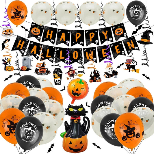 Spooky Halloween Party Decorations - 68 pcs Set includes Balloons, Bunting, Bats