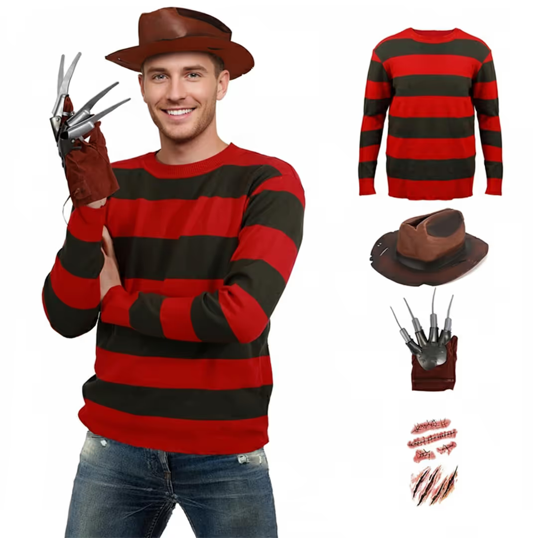 FREDDY KRUEGER BURENT MAN COSTUME HAND CLAW HAT  STRIPPED JUMPER FANCY DRESS XXL